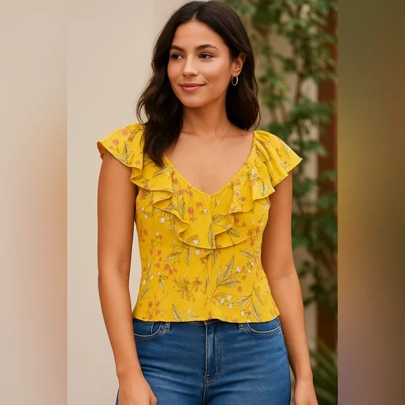 Express Yellow Floral Ruffle Detail Top Size Medium NWOT - Picture 2 of 3